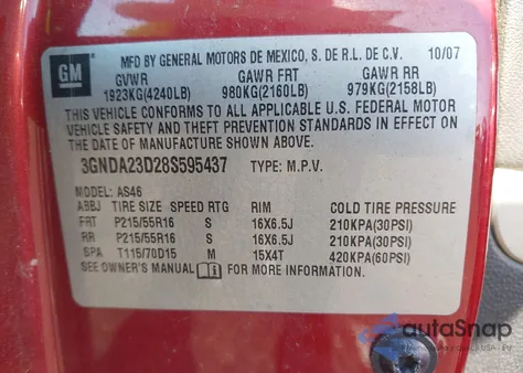 2008 Chevrolet Hhr Lt из США, поврежденный, VIN 3GNDA23D28S595437